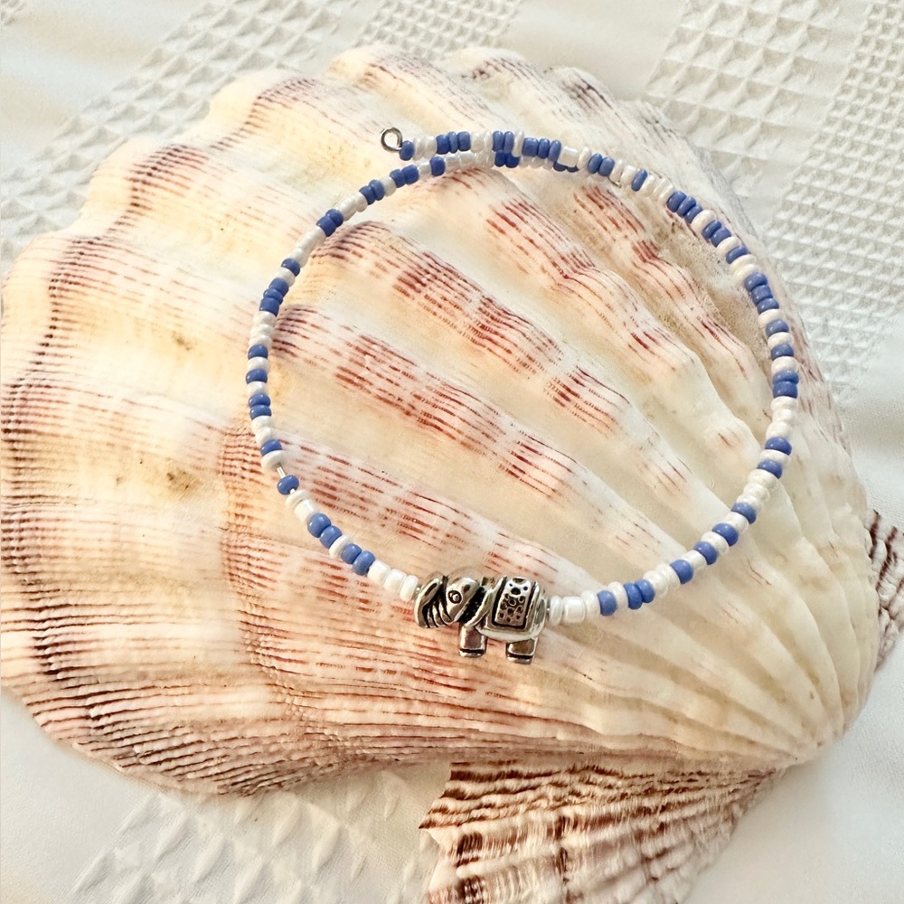 Handmade Seed Bead Memory Wire Bracelet Bangle Blue White Elephant Preppy Boho